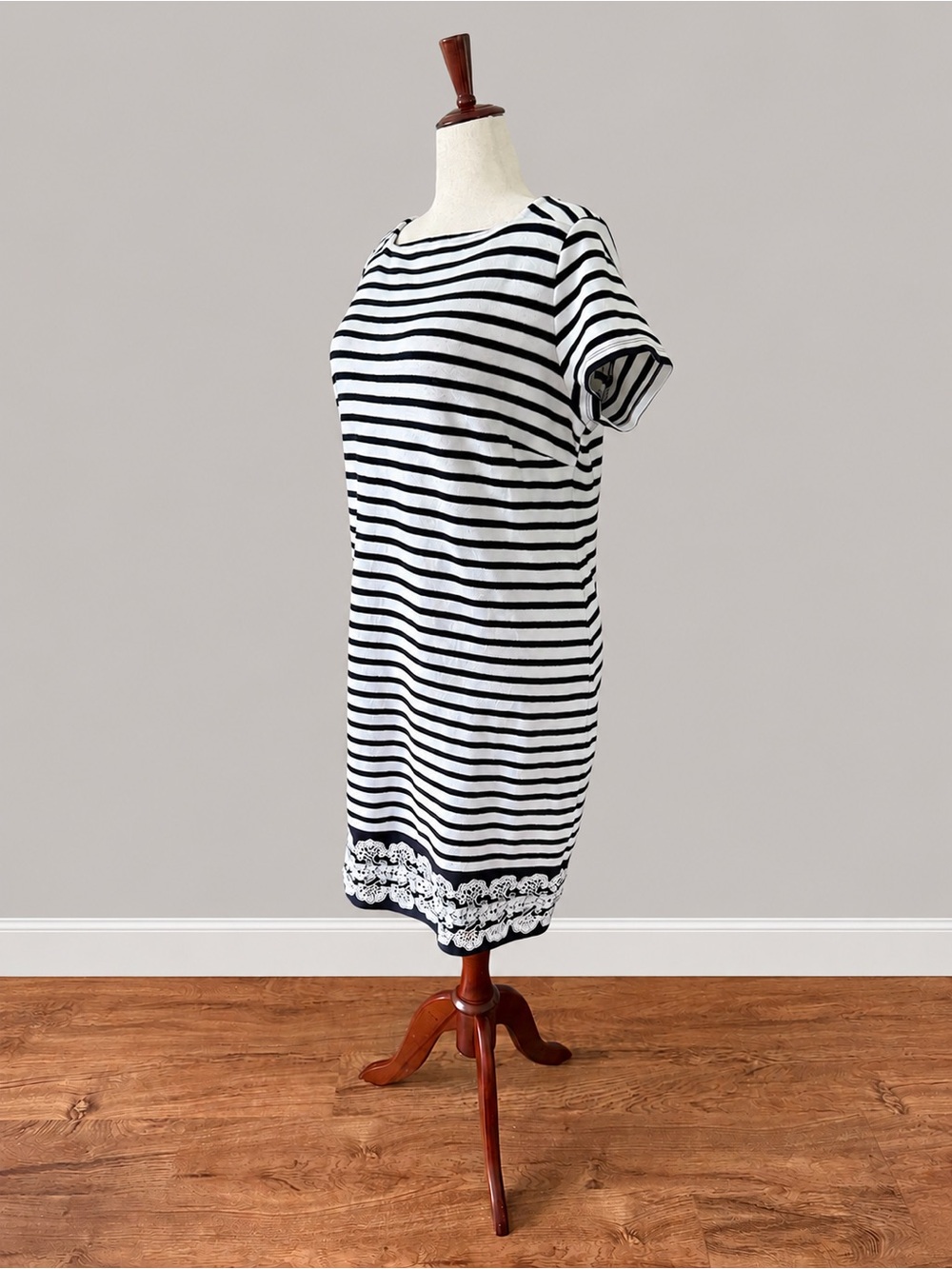 Talbots Navy and White Striped Shift Dress with Crochet Lace Hem XL